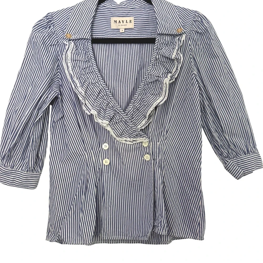Maison Mayle La Feminine Palma Blouse Blue White Striped Ruffle Lace Cotton Sz 6
